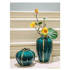 Mua Set 2 bình Decor- cắm hoa men xanh cổ vịt  vẽ vàng. Gốm sứ cao cấp.