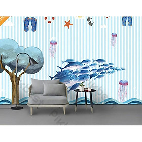 Tranh dán tường 3d trang trí phòng em bé phòng ngủ hiện đại, Đàn cá heo tung tăng bơi lội (tích hợp sẵn keo) MS995072