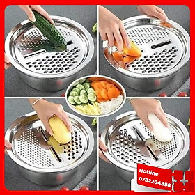 ️ Bộ 3 Món Bào ️ Nạo Rau Củ Kiêm Rổ Và Chậu Inox Cao Cấp Đa Năng - Loại Tốt