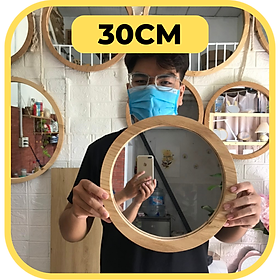 Gương tròn viền gỗ thông phủ PU chống ẩm, Đường kính 30cm đến 60cm, Có dây treo tường