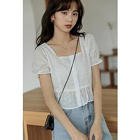 MS701 Áo sơ mi cộc tay cổ vuông tay bồng thêu hoa nổi vintage