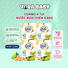 Combo 4 Túi Nước Rửa Chén 888 Hương Chanh Gừng Dịu Nhẹ Cho Da Tay 0.6kg/Túi