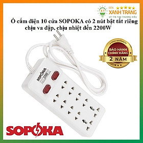 Mua Ổ cắm điện 10 cửa lõi sứ chịu nhiệt SOPOKA có 2 nút bật tắt riêng siêu bền max 2200W