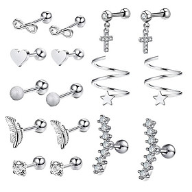 16Pcs Stainless Steel Ear Studs Cross Pendants Earrings Hoop Stud Silver