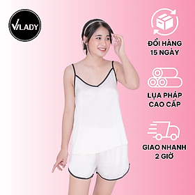 Hình ảnh Bộ đồ ngủ nữ 2 dây mặc nhà dễ thương VILADY - B111 kiểu 2 dây quần cộc màu trắng gạo mềm mát, chất liệu Lụa Pháp ( lụa latin) cao cấp