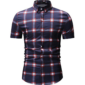 Fun Male Plaid Printed Leisure Shirt of Short Sleeves and Turn-down Top Cardigan Slim Costume