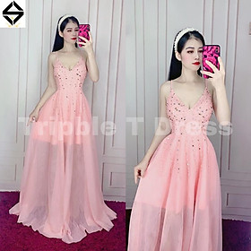 Đầm maxi xòe 2 dây xẻ đùi kết đá pha lêvà cườm thân trên váy TRIPBLE T DRESS - SIZE M/L - MS83V