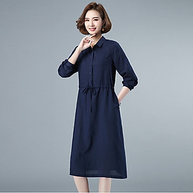 Đầm sơ mi nữ - váy suông nữ dài tay cổ sơ mi eo kèm dây rút chất Linen cao cấp mặc mùa thu đông Đũi Việt