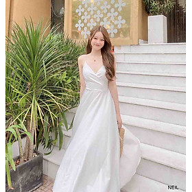 Đầm maxi đẹp màu trắng cổ yếm  mẫu mới   Giá chỉ 450k