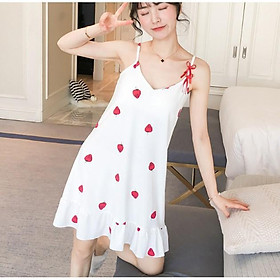 Váy ngủ 2 dây Dâu Tây nền trắng thun mềm mịn, thoáng mát