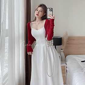 Sét đầm xoè midi 2s xếp ly  kèm áo khoác dài tay