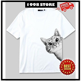 Áo thung tay lỡ unisex nam nữ, hình mèo siêu cute, chất vải cotton dày dặn thoáng mát
