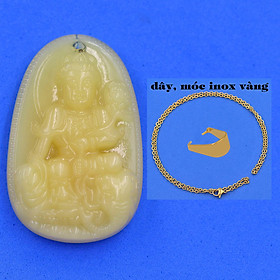 Mặt Phật Phổ hiền đá thạch anh vàng 4.3 cm kèm móc và dây chuyền inox vàng, Mặt Phật bản mệnh