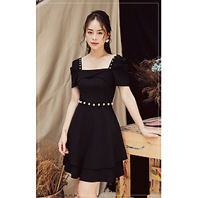 ĐẦM CỔ VUÔNG TAY NGẮN KẾT CƯỜM EO VÀO VÒNG VAI