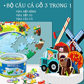 Đồ chơi câu cá gỗ 3 trong 1 hộp tròn xếp hình 24 mảnh 3D câu cá nam châm cho bé từ 3 tuổi