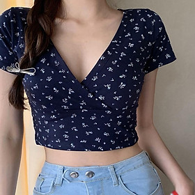 Women's Floral Print V Neck Sexy Slim Expose Navel Short Sleeve T-Shirt Tops