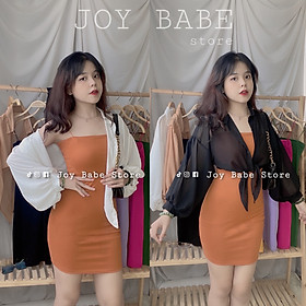 Đầm body nữ hai dây sexy JOY BABE  mix áo khoác sơ mi mong manh, thun ôm đẹp hack dáng, đầm thời trang sọc DAM 5