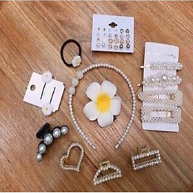 Set kẹp tóc ngọc trai hoa cúc 8 món, 25 chi tiết