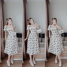 Đầm váy nữ nhún ngực tay phồng phối nơ sau siêu xinh với họa tiết trái tim dành cho các nàng đi chơi, dạo phố