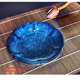 Đĩa tròn hoa đào men xanh hỏa biến 2 size - Đĩa hoa men xanh sóng biển - Gốm sứ Unika Bát Tràng