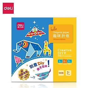 Giấy thủ công 100 tờ học sinh Deli - 14x14cm - craft paper - gấp origami, hạc, hoa, động vật - 74817/74818