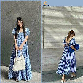 Hình ảnh Đầm Maxi Cổ Vuông Tay Phồng / Váy Suông Dài Kẻ Caro Tiểu Thư MX020 Màu HotTrend Cun Fashion