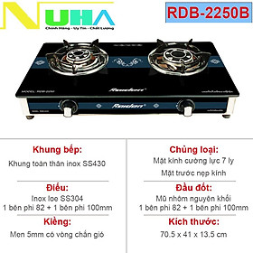 Bếp ga đôi kiếng cường lực Raiden RDB2250B, kiềng men 5mm, kính 7ly, mũ nhôm-Hàng chính hãng