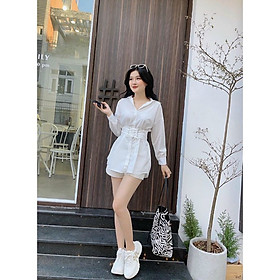 Áo sơ mi nữ dài tay form rộng dáng dài kèm đai 2 màu