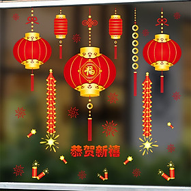 Decal dán kính trang trí chào năm mới- đèn lồng chào xuân- mã sp AMJ915