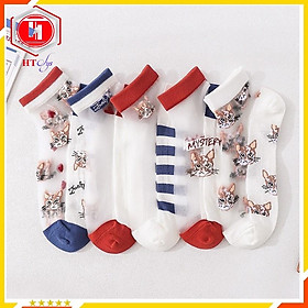 Combo 10 Đôi Tất Nữ Cổ Ngắn Hình Mèo - Tất Nữ Phối Lưới Hình Mèo Cute - Tất Lưới Nữ Cổ Ngắn Sanh Chảnh - Màu Ngẫu Nhiên