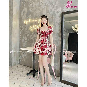 Đầm nữ in hoa tay phồng siêu xinh  quyến rũ, chất su bột thoáng mát