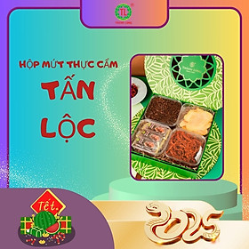 Hộp mứt thập cẩm Tấn Lộc - Thành Long gồm 4 loại khô bò sợi, hạt dưa, xoài sấy dẻo, mứt me thái cay