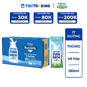 Thùng Sữa Tươi Tiệt Trùng Nutimilk Ít Đường 180ml (Hộp 180ml x 48)
