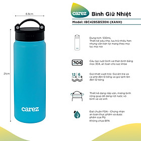 Bình Giữ Nhiệt Carez IBC428SB530N - 530ml, Inox 304, Không chứa BPA - Giữ nóng đến 6 tiếng, giữ lạnh đến 12 tiếng - Hàng chính hãng