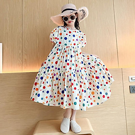 DONGSHOP HOT Cô gái Wave Dot Dress 2023 Cô gái Oceanic bông vải bong bóng tay áo ngay cả váy Big Boy phiên bản Hàn Quốc váy công chúa
