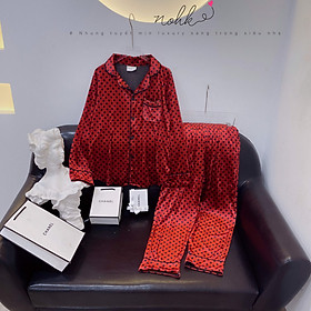 Bộ pizama nữ áo dài màu Đỏ HT chấm bi nhỏ chất nhung cao cấp BO095A