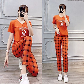 Đồ bộ dạo phố mặc nhà nữ áo thêu chữ quần sọc caro thun cotton mát mịn trẻ trung năng động size từ 40-64kg