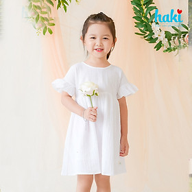 Váy bé gái_đầm trắng vân kẻ liền vai tay quấn bèo chính hãng HAKI HK516 , váy mùa hè cho bé, đầm trẻ em, váy thiết kế cho bé