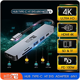 Hub Chuyển Đổi USB Type C HT SYS 6 in 1 To HDMI, USB 3.0, SD, TF, PD 100W - Hàng Chính Hãng
