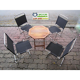 Trọn bộ bàn ghế xếp inox - 4 ghế inox lưng thấp và 1 bàn gỗ xếp - bàn lục giác
