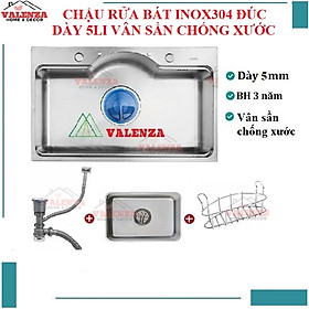 Chậu rửa bát inox304 bán nguyệt ĐÚC dày 5li chống xước 7546 Valenza kiểu dáng Hàn Quốc kèm khay inox, rổ lỗ, bộ xả 18cm-Hàng chính hãng