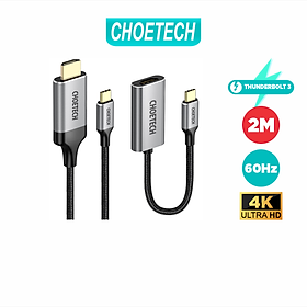 Bộ Cáp Type C to HDMI Dài 2M Phân Giải 4K 60Hz Kèm Đầu Chuyển C to HDMI Thunderbolt 3 CHOETECH CH0033-BK- Hàng Chính Hãng