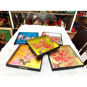Mua Khay gỗ sơn mài cao cấp size 30x30x3cm nên dát vàng vẽ hoa đào đẹp mắt  sang trọng  quà tặng ý nghĩa