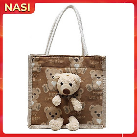 Túi xách nữ dễ thương NASI T1027 túi cói gắn gấu bông cầm tay đẹp có dây kéo thời trang cho nữ công sở, học sinh