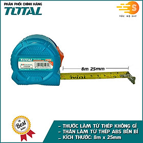 Thước cuộn thép nền vàng dài 3m-8m TOTAL - TMT34316, TMT34519, TMT34825, nhựa ABS cao cấp, đơn vị đo là cm và inch