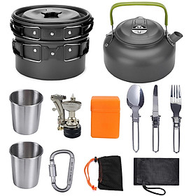 Bộ dụng cụ nấu ăn cắm trại bao gồm chảo, ấm trà, bếp và dao kéo.. Có thể gấp gon với túi đựng tiện lợi-Màu đen