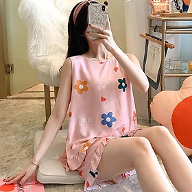 Bộ quần áo sát nách mặc nhà cho nữ vải lanh siêu mát, nhún bèo cách điệu