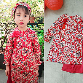 Áo dài cách tân cho bé gái hoa văn màu đỏ set áo kèm chân váy lụa và bờm tóc MamLa