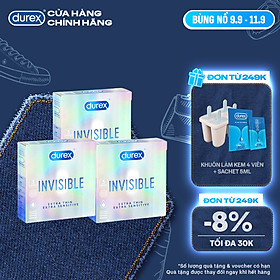 Bộ 3 hộp bao cao su Durex Invisible Extra Thin Extra Sensitive siêu mỏng, size 52mm, 3 bao/hộp