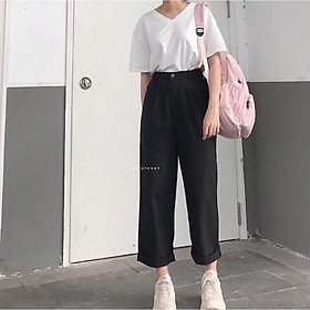 Quần ống rộng nữ,quần ống suông nữ chun lưng khóa trước chất kaki kiểu hàn năng động